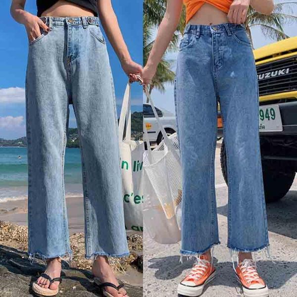 

2020 womens fashion washed jeans high waist denim wide leg leggings elastic force distressed straight leisure outdoor1, Blue