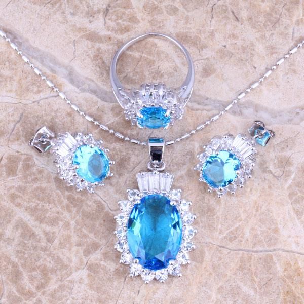 

distinctive sky blue cubic zirconia white cz silver plated jewelry sets earrings pendant ring size 6 / 7 / 8 9 10 s0421