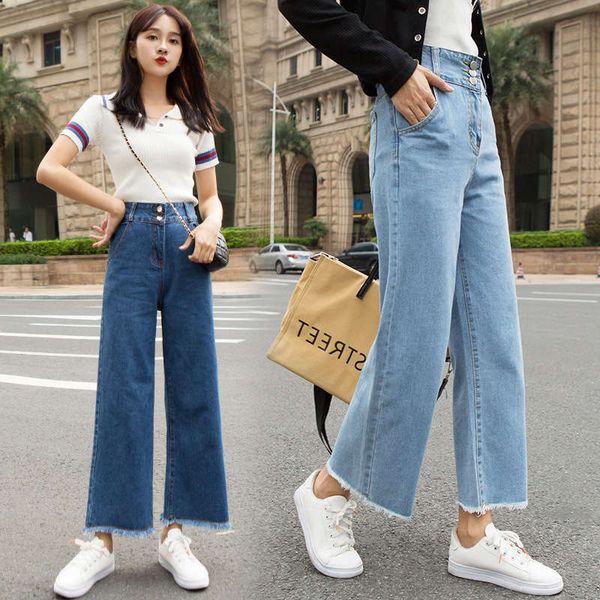 

2020 spring urban casual capris straight pants high waist women's jeans, Blue