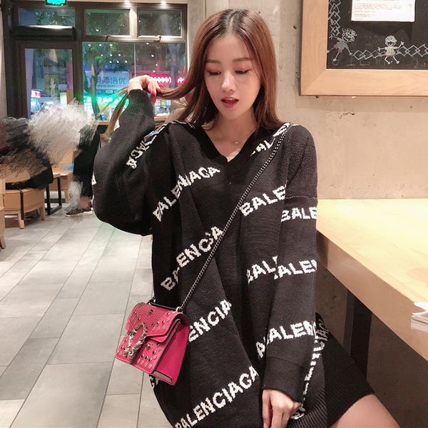 

17zq 2020 sweater pullover for women v-collar long style knit bottoming shirt loose new style fashionable autumn winter wear c1121, White;black