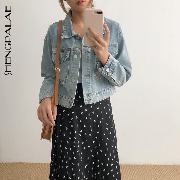 

shengpalae 2021 autumn women's short denim jacket straight turn-down collar single breasted long sleeve simple cowboy coat zc299, Black;brown