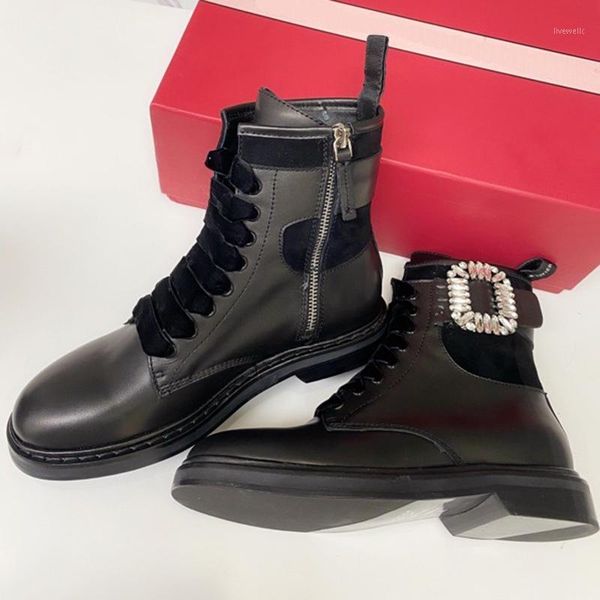 

boots black leather ankle brand design women shoes 2021 fashion round toe rhinestone buckle boots1