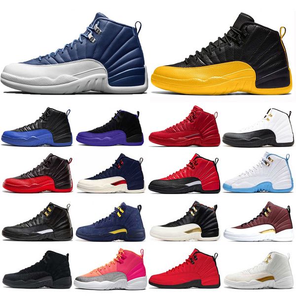 

12 12s mens basketball shoes reverse flu game indigo gym red fiba punch taxi university gold mens sports trainers sneakers shoes 7-13, White;red