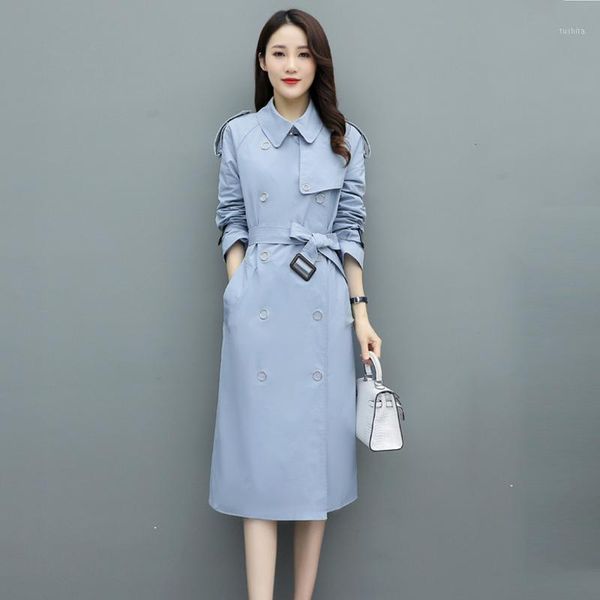

solid double breasted mid-length long coat fashion straight long-sleeved polyester trench coat 2020 new spring women belt1, Tan;black