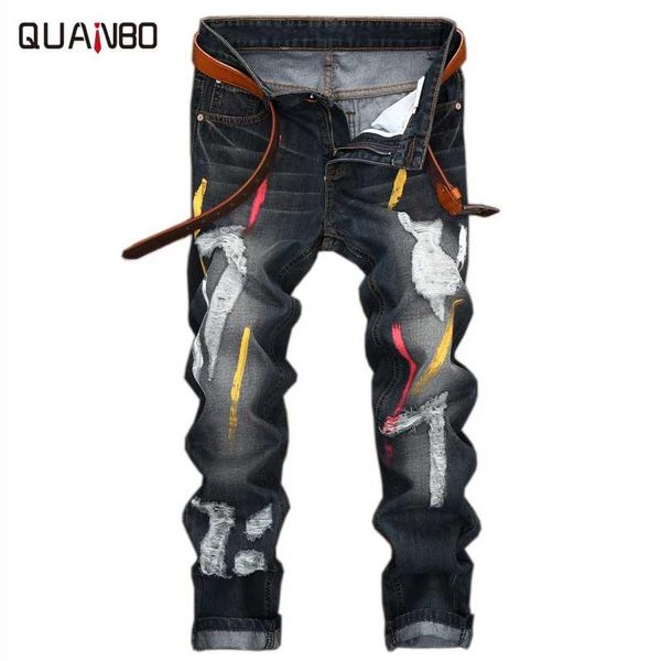 

2021 men jeans design fashion biker runway hiphop slim jeans hole offset printing distressed men ripped, Blue
