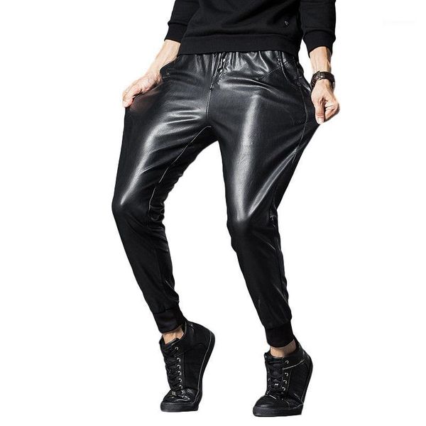 

idopy men`s faux leather joggers pants elastic waist fashion motorcycle biker black pu leather soft trousers1