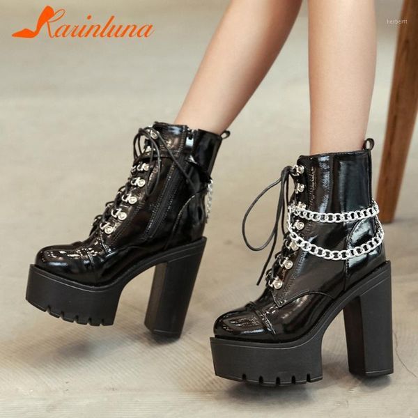 

boots female motorcycle comfy sole square heel round toe zip solid super high ankle with chain women1, Black
