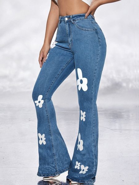 

sxy high waisted floral print flare leg jeans x1ke#, Blue