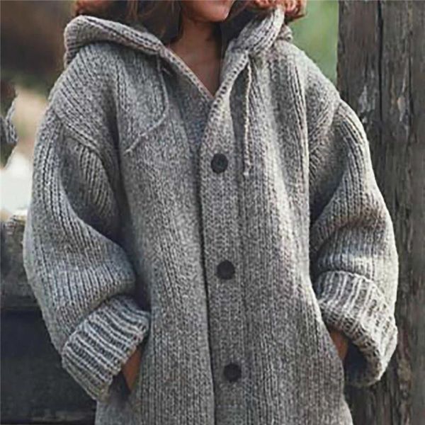 

2020 autumn and mid-length coat solid color women's sweater ladies hooded knitted jacket winter, Black