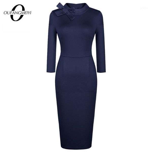 

women elegant classic bow neck solid color office lady morden fitted bodycon pencil dress eb6021, Black;gray