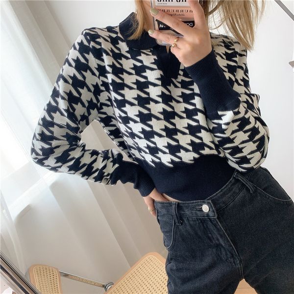 

2021 new vintage female sweatshirt houndstooth y2k loose outwear mesh jumper autumn office winter casual lady chic pullover vlp6, White;black