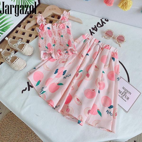 

fashion girls ruffle outfits fruit printed suspenders&long skirt korean cute little children clothes summer children clothes1, White