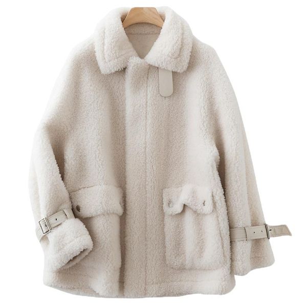 

women autumn winter lamb fur sheepskin coat vintage loose sheep shearing coats female casual warm thick outerwear, Black