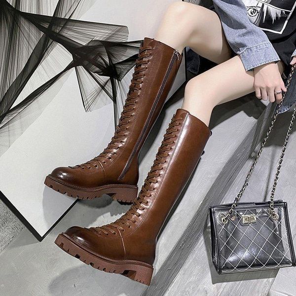 

boots knee high platform women shoes lace up thigh chunky motorcycle black brown botas mujer1