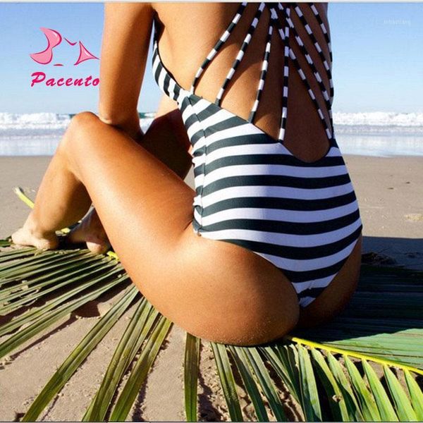 

women's swimwear pacento criss cross strappy swimsuit one piece bathing suits women striped padded swim suit 2021 monokini beach may pl, White;black