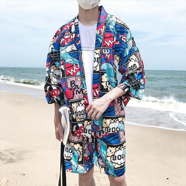 

summer beach mens casual clothing set harajuku comic printed kimono style shirt elastic shorts vacation two piece tracksuit, Gray