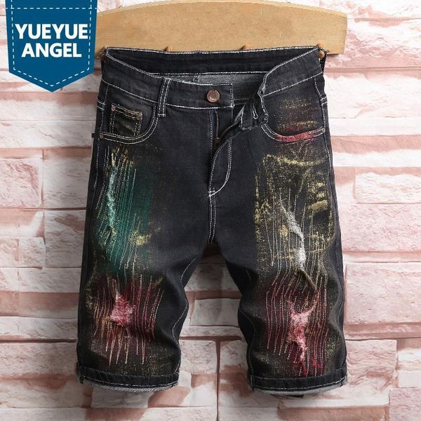 

painted stretch denim shorts men new summer black frayed knee length shorts fashion zipper outdoor beach male breeches1, Blue