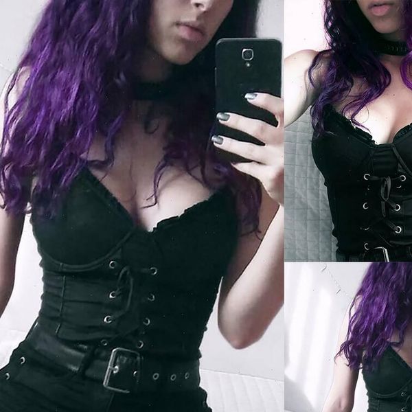 

2021 new black gothic for women summer crop gothic solid lace bandage cami suspend sleeveless short blouse, White