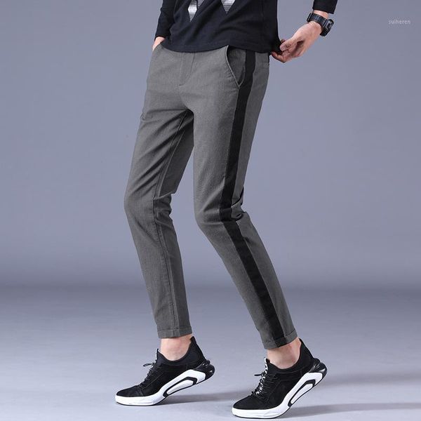 

spring pants men skinny spliced solid color casual trousers straight fashion wild1, Black