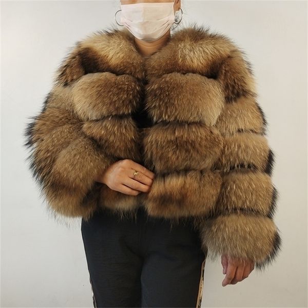 Mulheres de inverno real natural guaxinim prata raposa pele destacável manga casaco comprimento 50 cm 201103