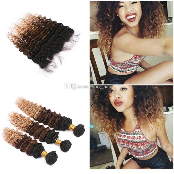

dark root 1b 4 27 deep wave hair with frontal ombre honey blonde 13x4 lace frontal with three tone virgin hair weft extension, Black