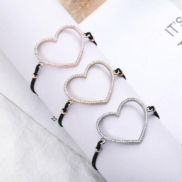 

link, chain hollow peach heart charm bracelets rose gold silver color adjustable rope cord bracelet for women party jewelry gift, Black