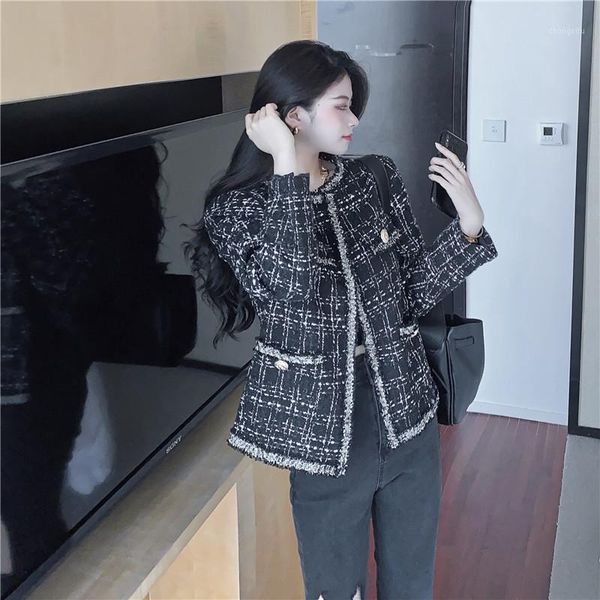 

vintage plaid woman jacket long sleeve o-neck open stitch runway designer tweed cardigans spring autumn fashion coat1, Black;brown
