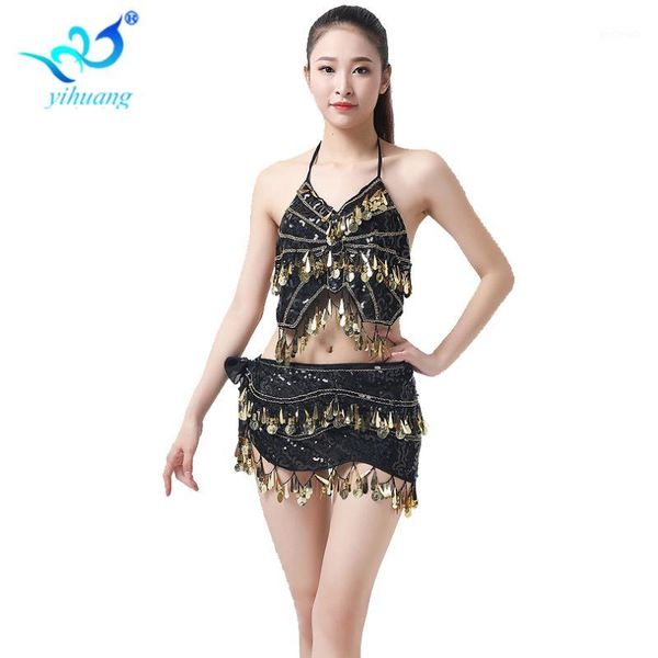 

belly dancing costume party sequins coins club wear outfits stage show performance carnival halloween bra+hip scarf #1, Black;red