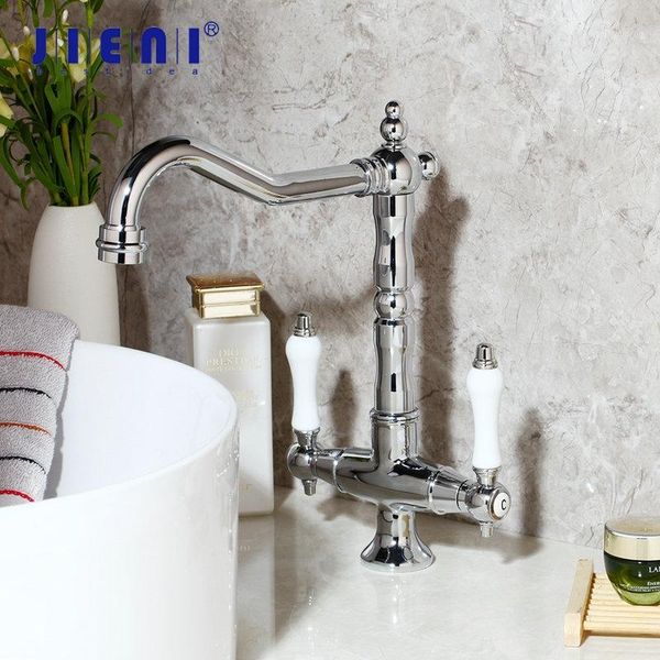 

jieni 360 swivel 2 handles kitchen bathroom sink basin faucet deck mount bright chrome swivel washing basin mixer water taps1