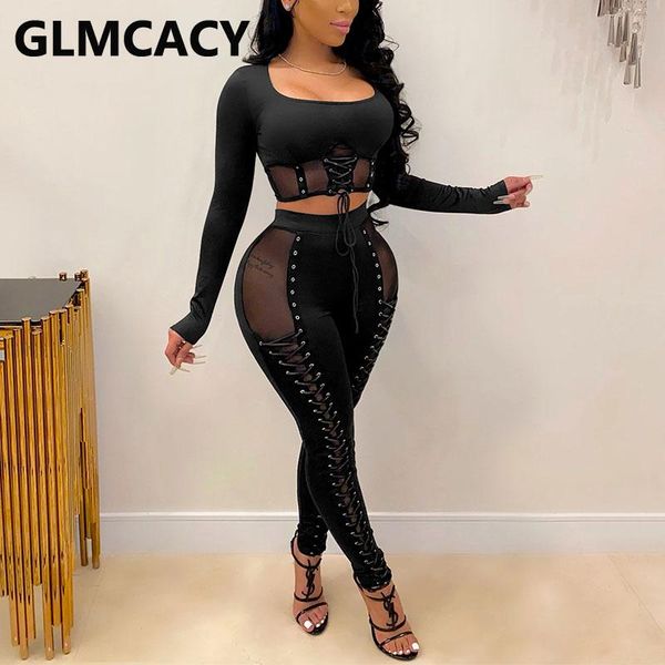 

women two piece mesh insert suits lace up detail crop & slim pants set, Gray
