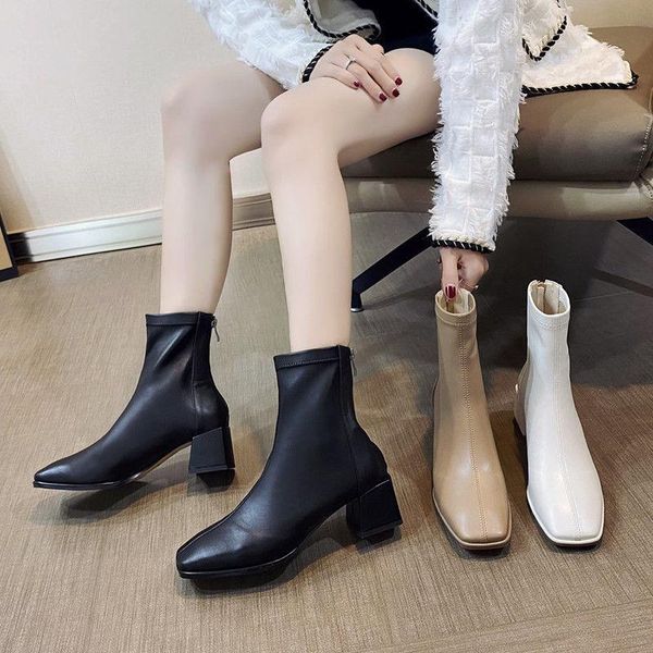 

thick-heeled soft leather thick short boots women's winter plus velvet 2021 autumn new mid-heel small thin thin boots ins tide, Black