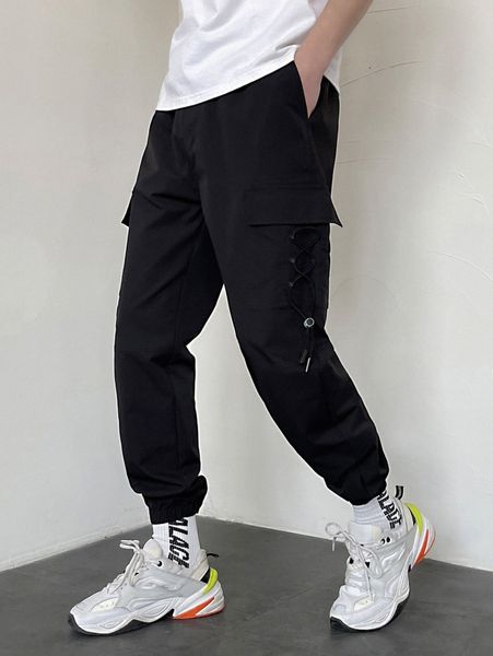

men lace up flap pocket side pants o5b9#, Black