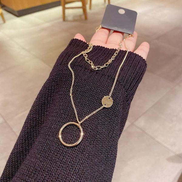 

chains high-end double layers round metal pendant necklace gold color clavicle chain fashion women jewelry, Silver