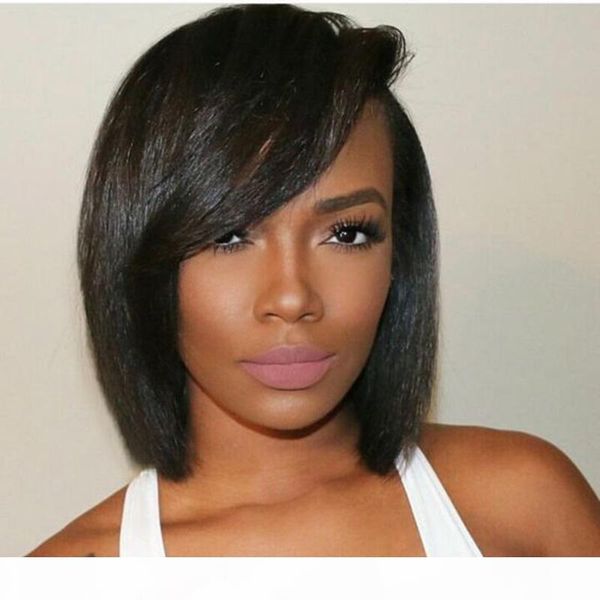 

african american human hair wigs bangs side part virgin brazilian hair short bob glueless pre plucked full lace front wigs with bangs, Black;brown