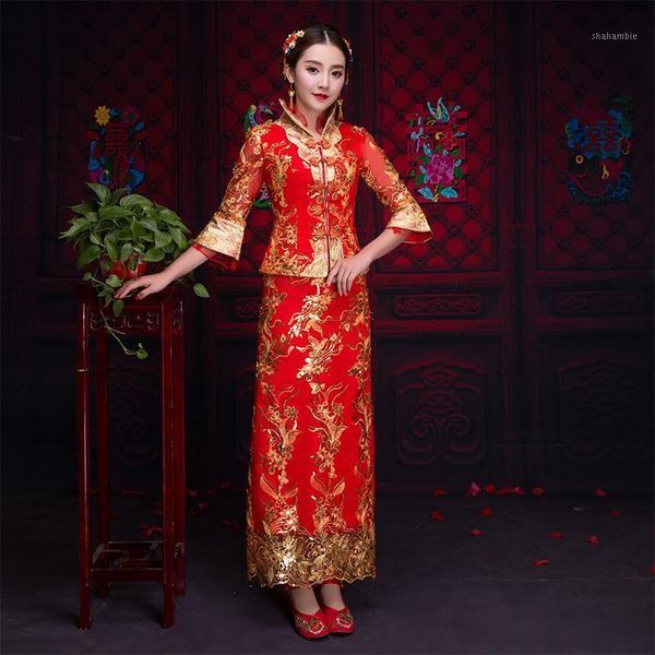 

china traditional show clothes flower gown wedding bride evening dress chinese style costume cheongsam canton embroidery1, Red