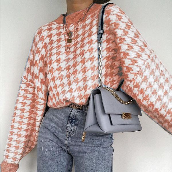 

women's sweaters 2021 women geometric orange knitted sweater casual houndstooth lady pullover female autumn winter retro jumper, White;black