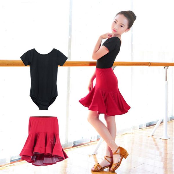 

girls latin stage competitions practice dance dress kid leotard skirt ballroom tango salsa tassel performance dancewear set 2pcs, Black;red