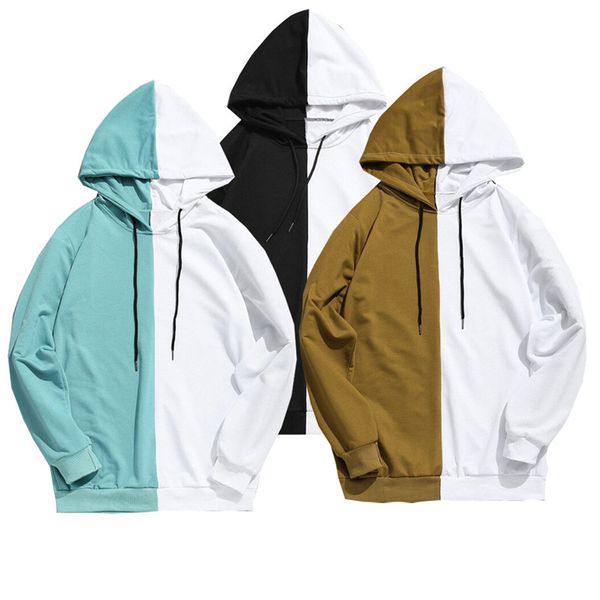 

mens womens patchwork fashion loose hoodies cotton hooded hip hop jumper causal basic pullover contrast colors male street sweatshirts, Black