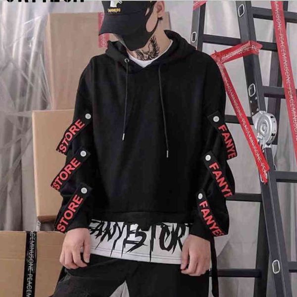 

sweatshirts hooded fake two piec drawstring letter ribbons men boys pullover hip hop streetwear hoodi, Black