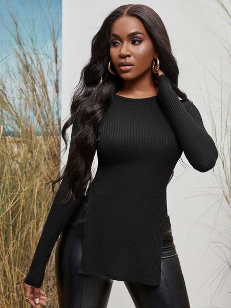 

sxy slit hem ribbed knit tee s7qp#, White