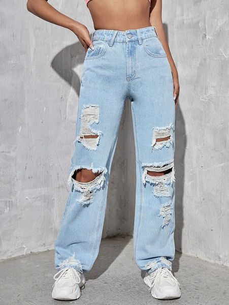 

ripped detail boyfriend jeans i2xu#, Blue