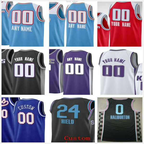 

custom screen printed deaaron 5 fox buddy 24 hield tyrese 0 haliburton marvin 35 bagley iii men woman kids youth basketball jerseys, Black;red