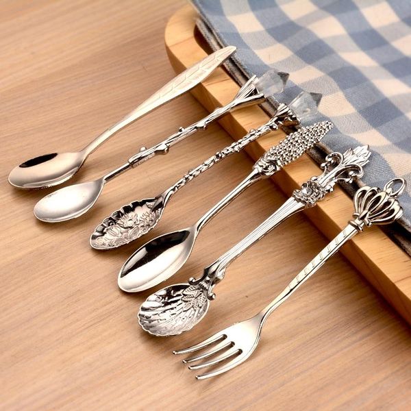 

2020 vintage kitchen spoons fork royal style metal carved mini coffee spoons accessories fruit prikkers dessert fork 2