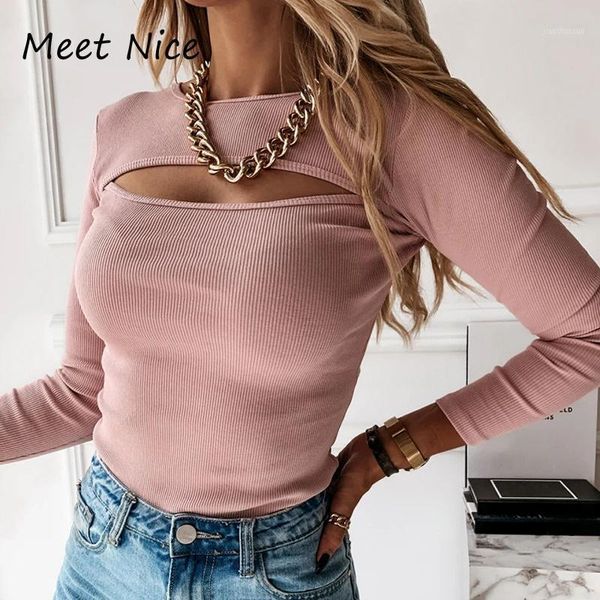 

cut out long sleeve women t-shirts o neck slim fit knit tee black casual streetwear tshirt woman clothes1, White