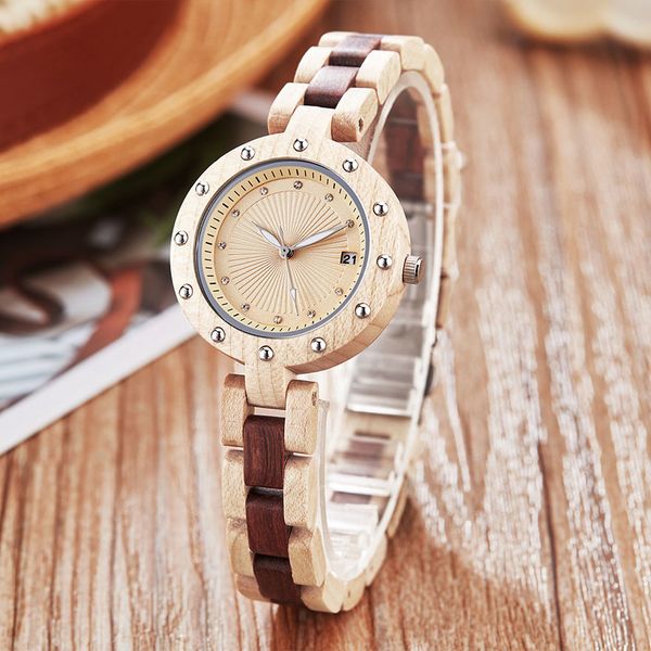 

small band wood watch women ladies quartz wristwatches rosewood walnut rose wooden wrist clock elegant charm bracelet watches t200420, Slivery;brown