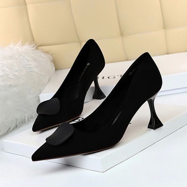 

brand pump women suede high heels shoes slip on pointed toe slide buckle stilettos heel shallow sandals fashion zapatos de mujer #ws3d, Black