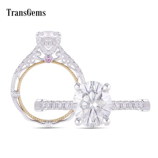 

transgems 14k white and yellow gold center 2ct oval f color moissanite engagement ring with pink sapphire anniversary gifts y200620, Slivery;golden
