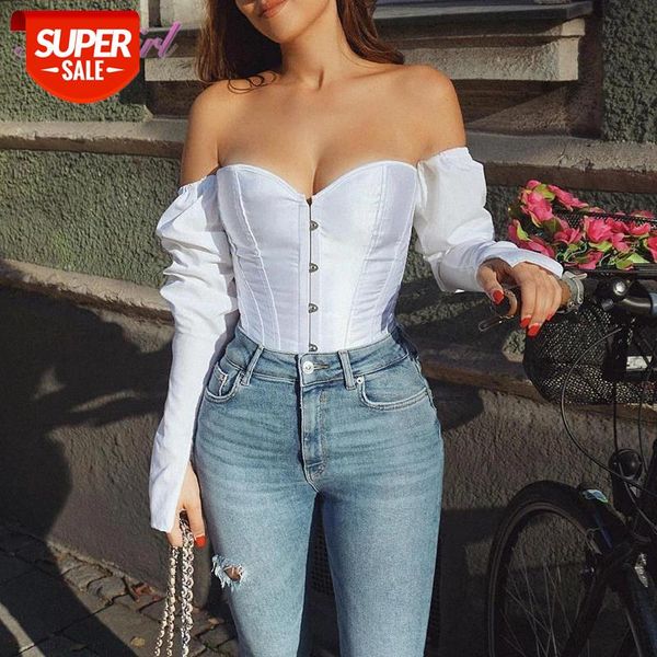 

women long sleeve off shoulder sleeve corset tanks blouse y2k puff button vintage blouse t-shirt #tu0l, White