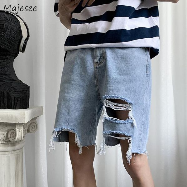 

men jeans knee length hole hollow out loose straight solid denim fashion student streetwear simple korean style ulzzang chic new, Blue