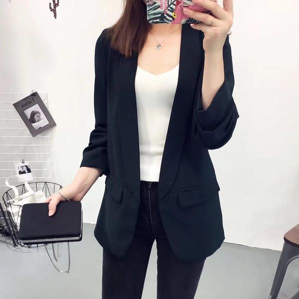 

long solid suit blazers for women 2020 autumn slim cardigan jackets three quarter sleeve notched office ladies blaser feminino1, White;black